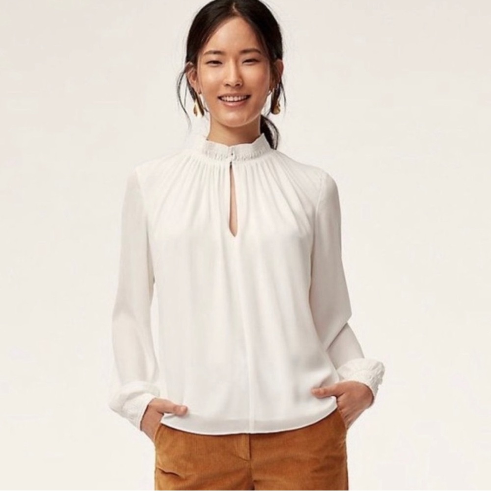 Aritzia Babaton Harry Blouse in White. Mock-Neck, Long Sleeve.